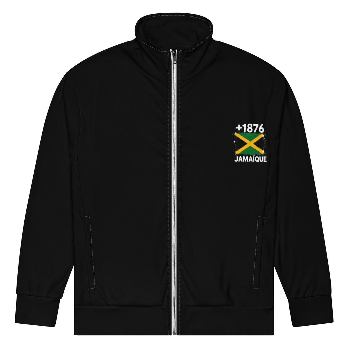 Survêtement noir Jamaïque +1876 avec logo drapeau jamaïcain floqué - vue de face zippée - Indicatif Fier