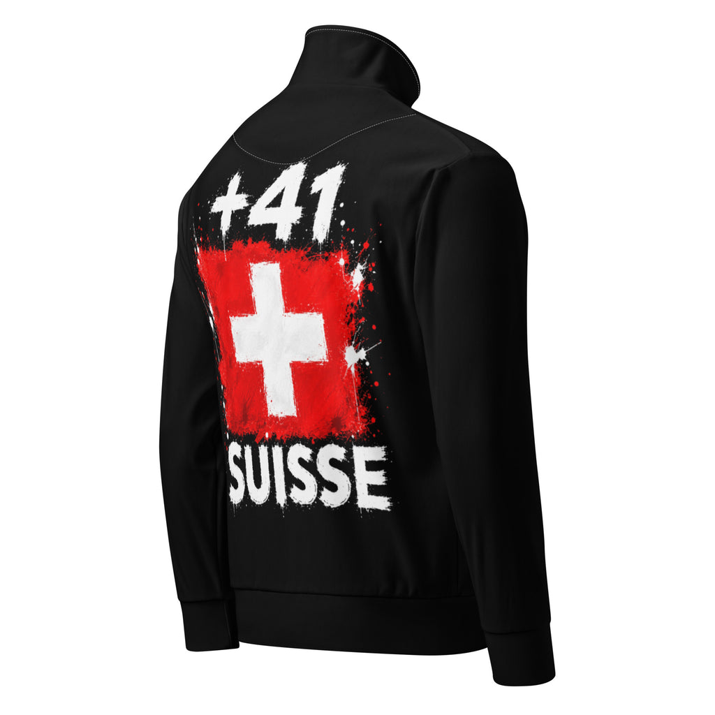 Survêtement Suisse +41 - Noir avec drapeau floqué effet éclaboussure de peinture - vue de profil droit - Indicatif Fier