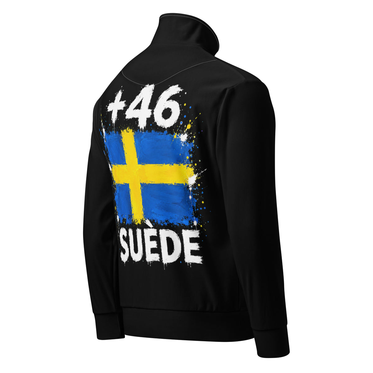 Survêtement Suède +46 - Noir avec drapeau floqué effet éclaboussure de peinture - vue de profil droit - Indicatif Fier