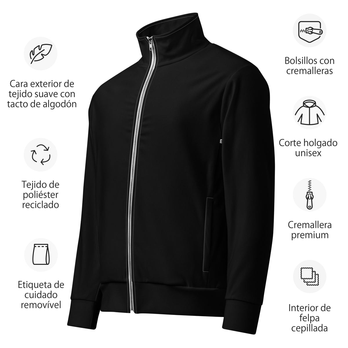 Survêtement Guinée Équatoriale +240 noir, schéma des caractéristiques : polyester recyclé, poches zippées, coupe unisexe, intérieur polaire