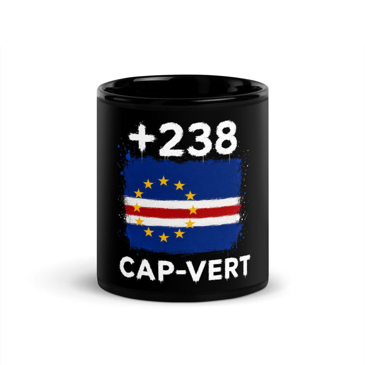 Mug Cap-Vert +238 noir vue de face, drapeau du Cap-Vert et indicatif +238