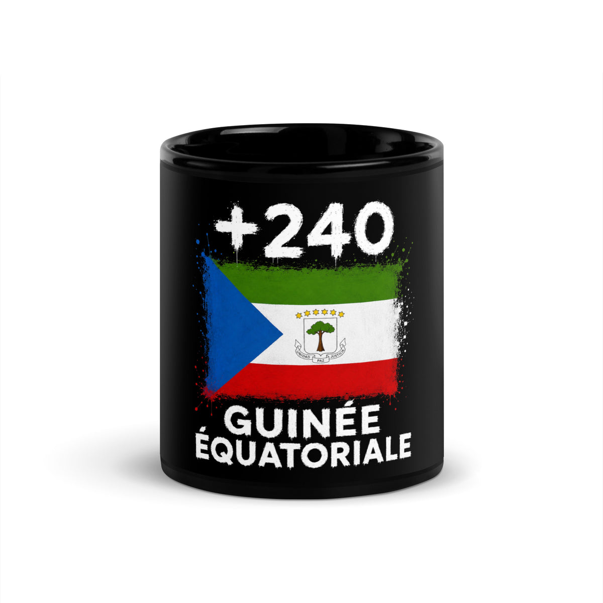 Mug Guinée Équatoriale +240 noir vue de face, drapeau de la Guinée Équatoriale et indicatif +240