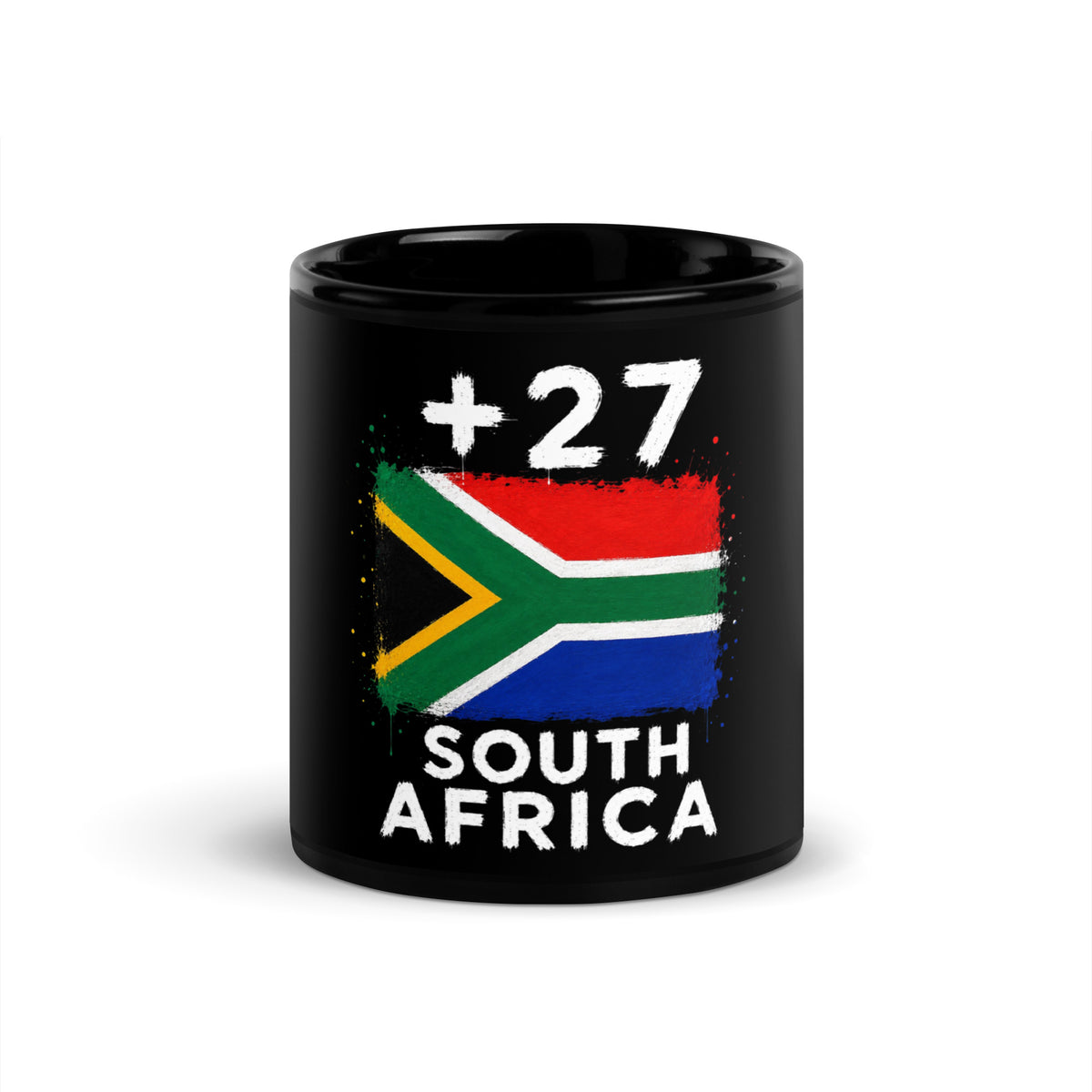 Mug Afrique du Sud +27 noir vue de face, drapeau de l'Afrique du Sud et indicatif +27