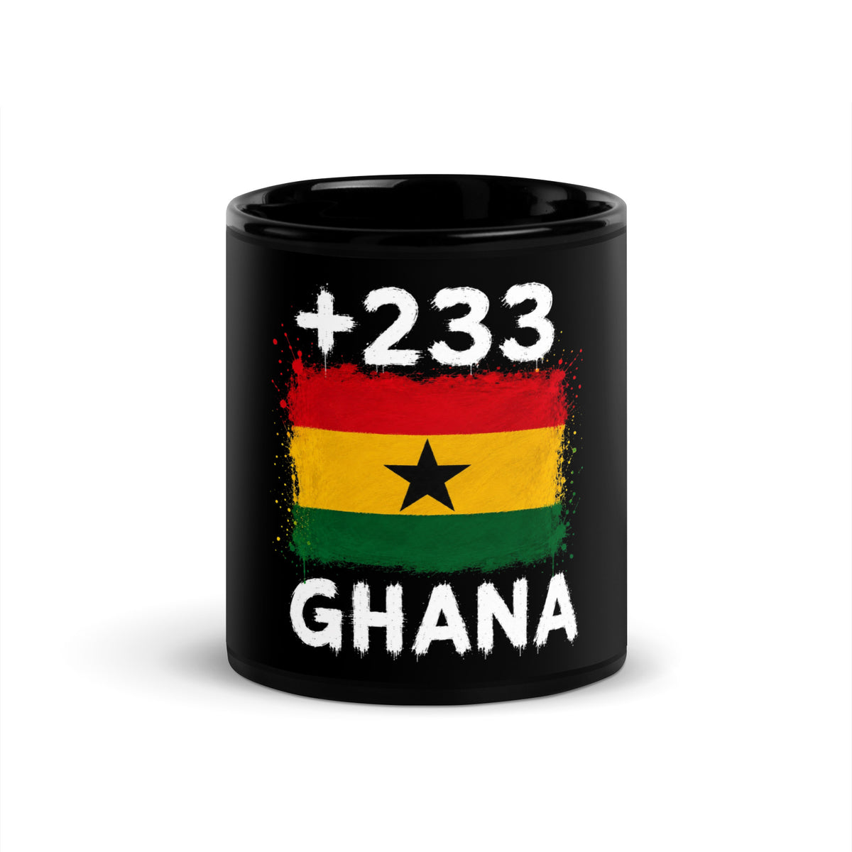 Mug Ghana +233 noir vue de face, drapeau du Ghana et indicatif +233