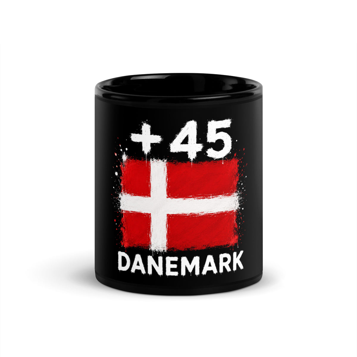 Mug Danemark +45 noir vue de face, drapeau du Danemark et indicatif +45