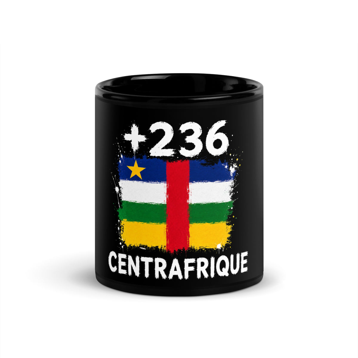 Mug Centrafrique +236 noir vue de face, drapeau de la Centrafrique et indicatif +236