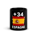Mug Espagne +34 noir vue de face, drapeau de l'Espagne et indicatif +34