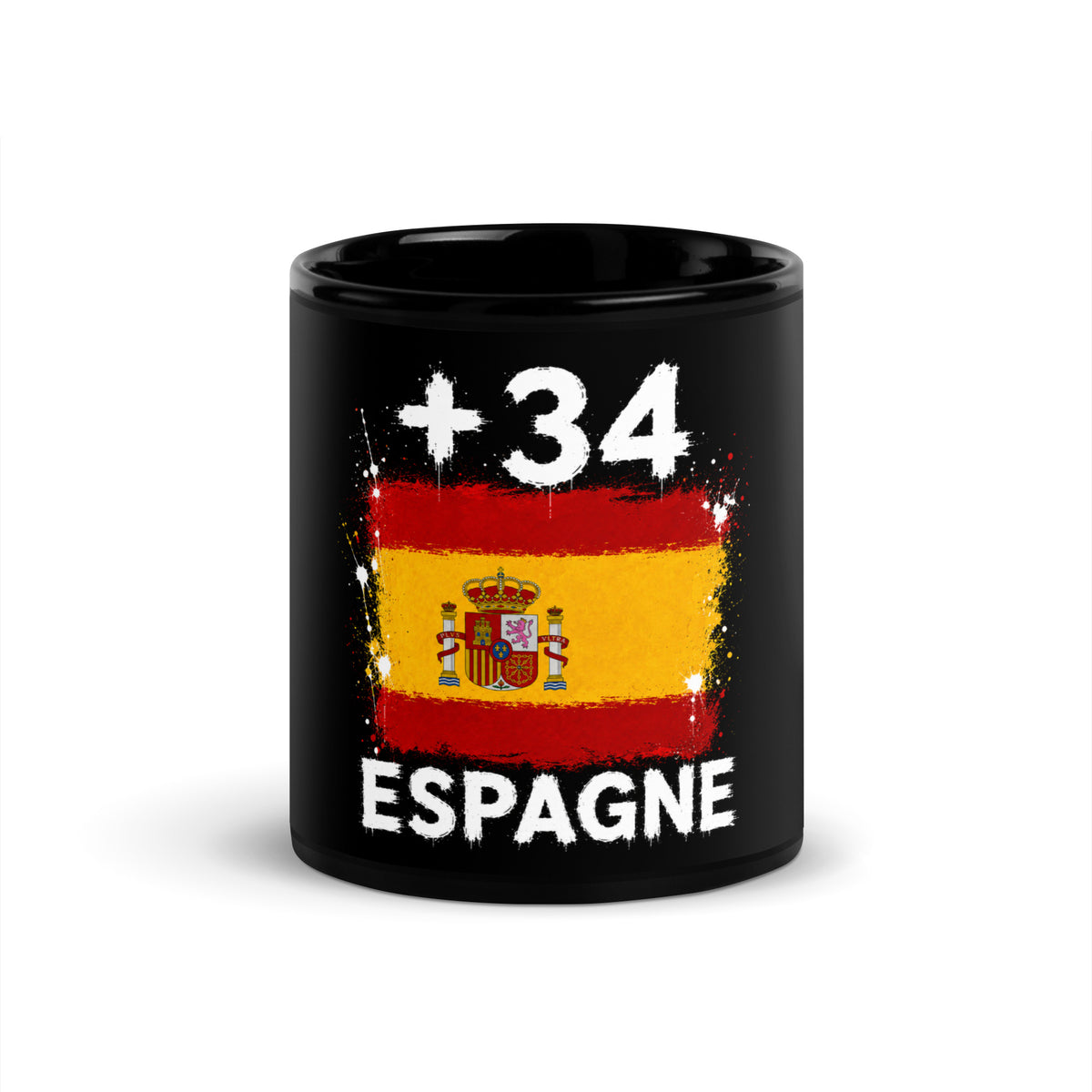 Mug Espagne +34 noir vue de face, drapeau de l'Espagne et indicatif +34