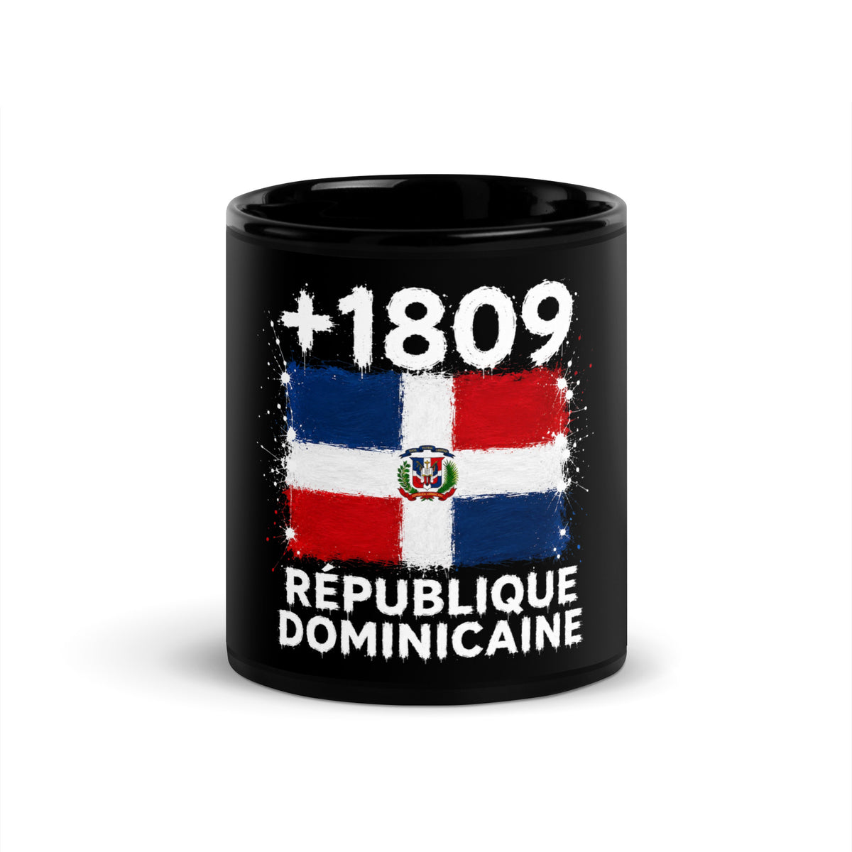 Mug République Dominicaine +1809 noir vue de face, drapeau de la République Dominicaine et indicatif +1809
