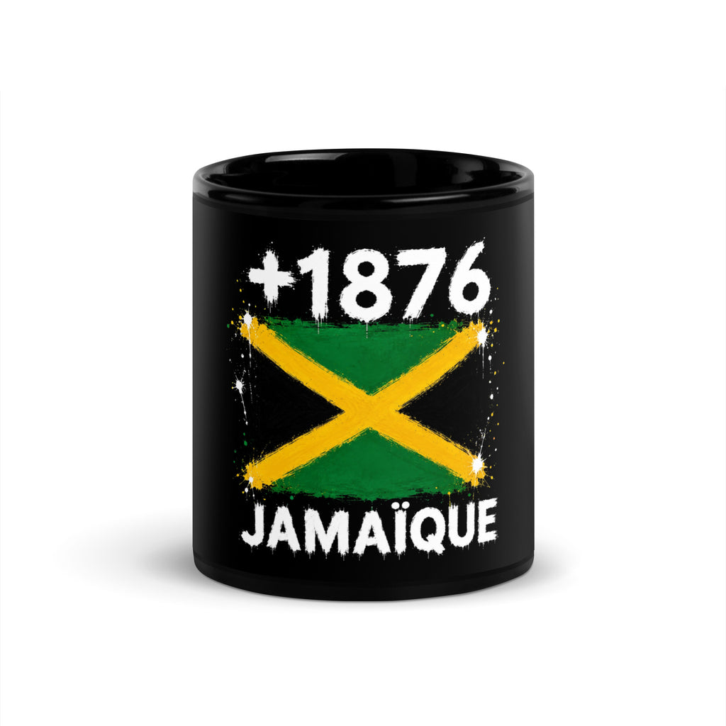 Mug Jamaïque +1876 noir vue de face, drapeau de la Jamaïque et indicatif +1876