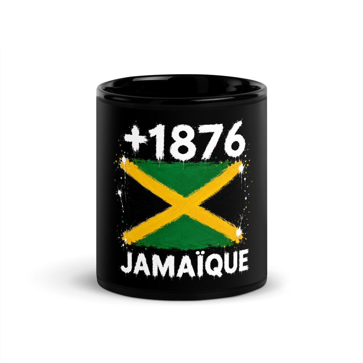 Mug Jamaïque +1876 noir vue de face, drapeau de la Jamaïque et indicatif +1876