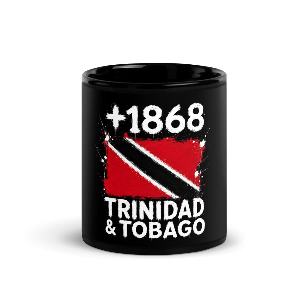 Mug Trinidad & Tobago +1868 noir vue de face, drapeau de Trinité-et-Tobago et indicatif +1868