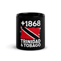 Mug Trinidad & Tobago +1868 noir vue de face, drapeau de Trinité-et-Tobago et indicatif +1868