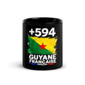 Mug Guyane +594 noir vue de face, drapeau de la Guyane française et indicatif +594