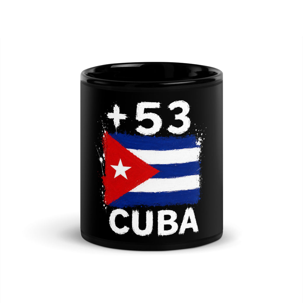 Mug Cuba +53 noir vue de face, drapeau cubain et indicatif +53