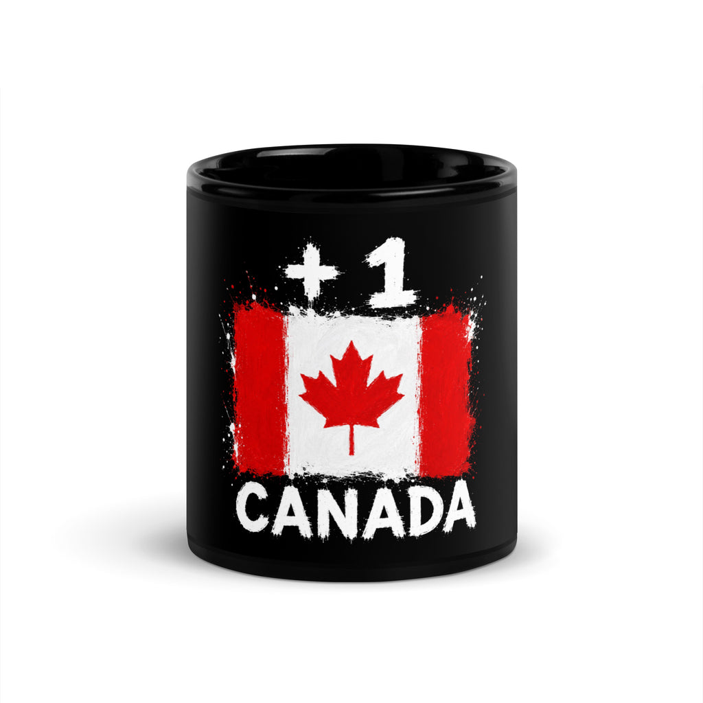 Mug Canada +1 noir vue de face, drapeau canadien et indicatif +1