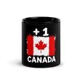 Mug Canada +1 noir vue de face, drapeau canadien et indicatif +1