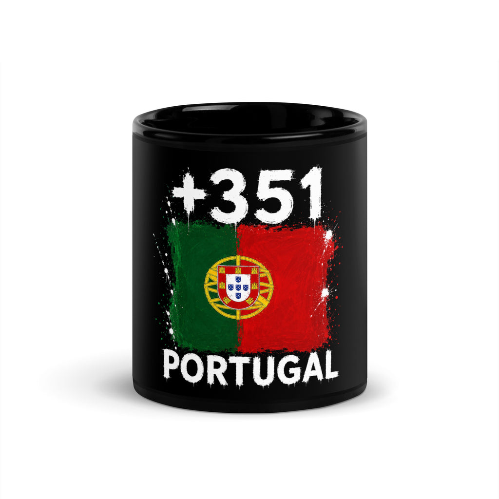 Mug Portugal +351 noir vue de face, drapeau portugais et indicatif +351