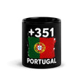 Mug Portugal +351 noir vue de face, drapeau portugais et indicatif +351