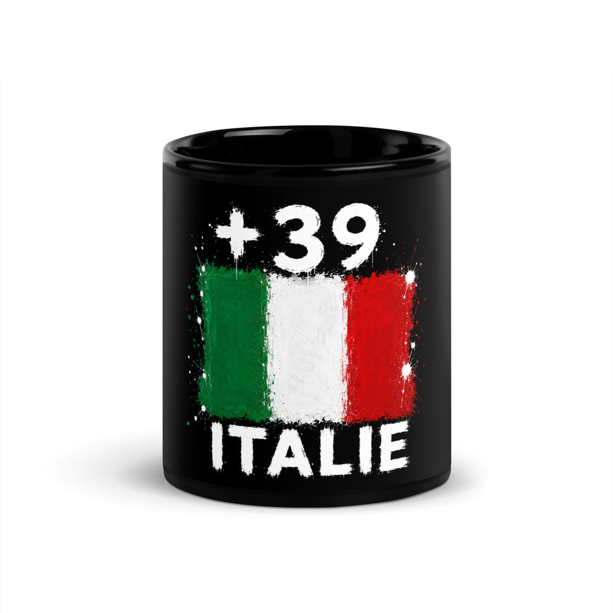 Mug Italie +39 noir vue de face, drapeau italien et indicatif +39