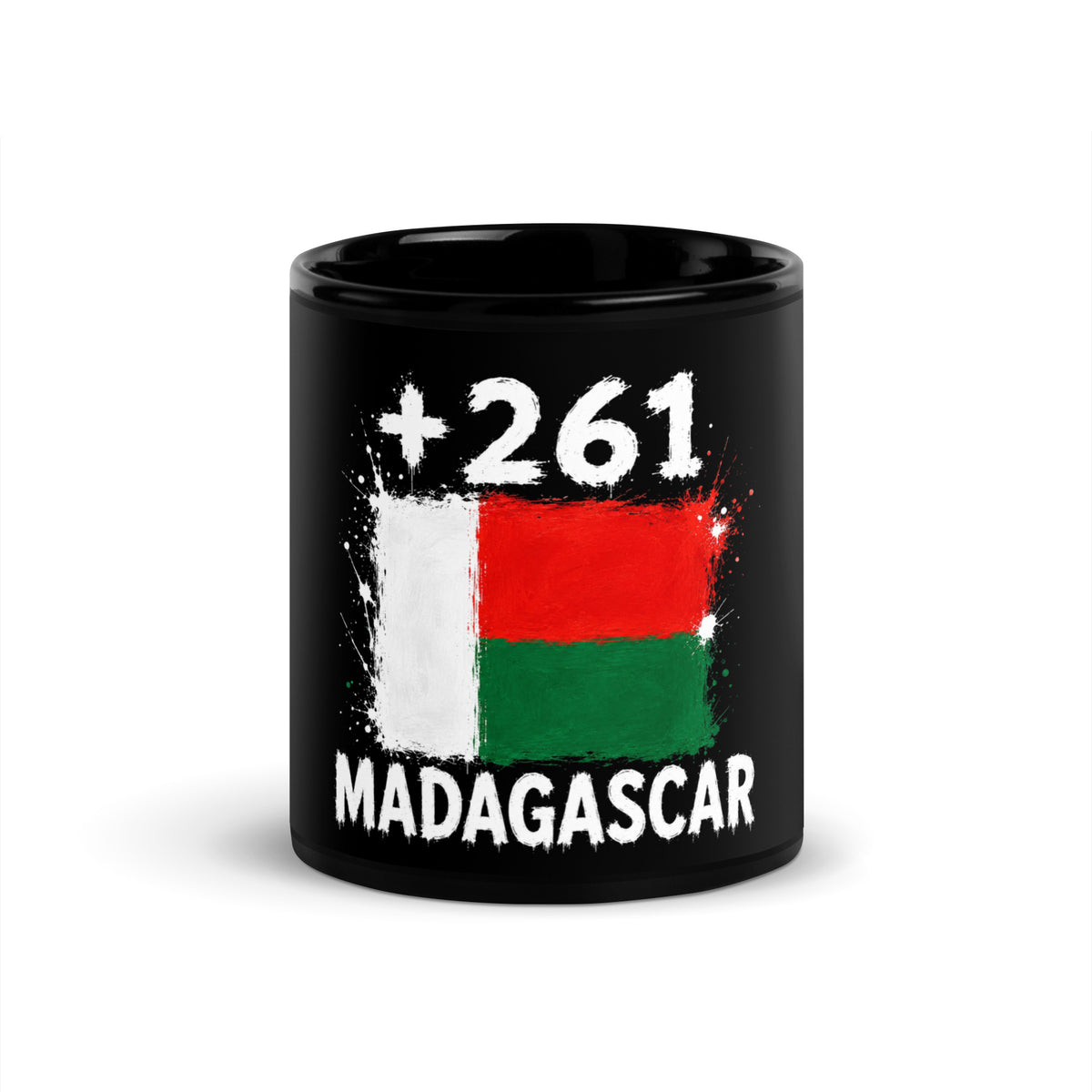 Mug Madagascar +261 noir vue de face, drapeau malgache et indicatif +261