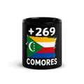 Mug Comores +269 noir vue de face, drapeau comorien et indicatif +269