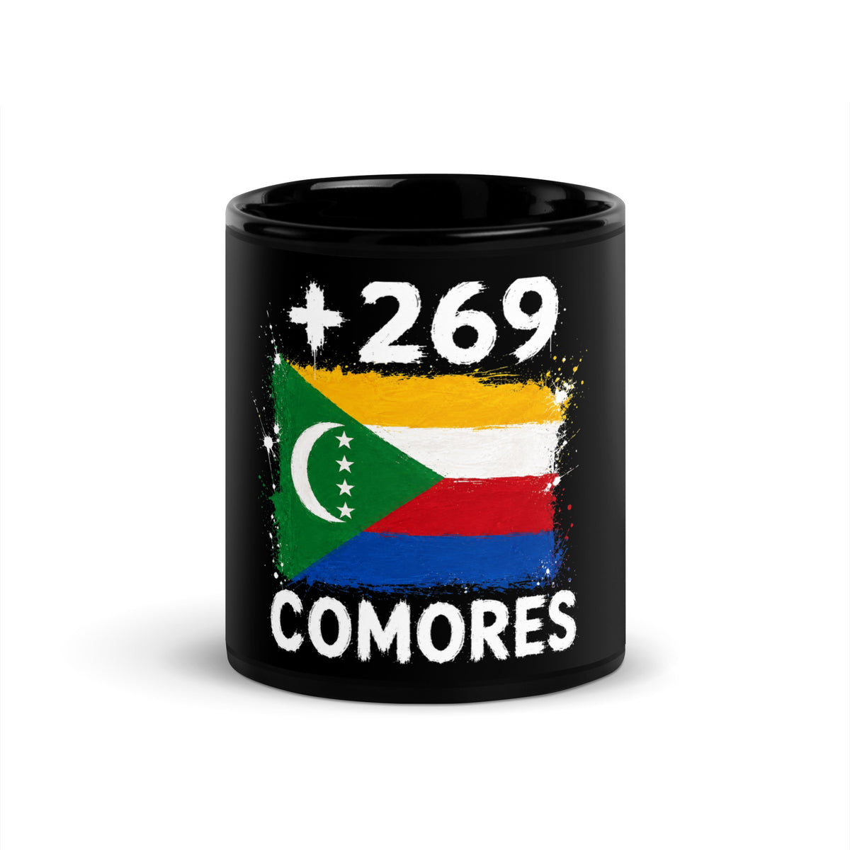 Mug Comores +269 noir vue de face, drapeau comorien et indicatif +269