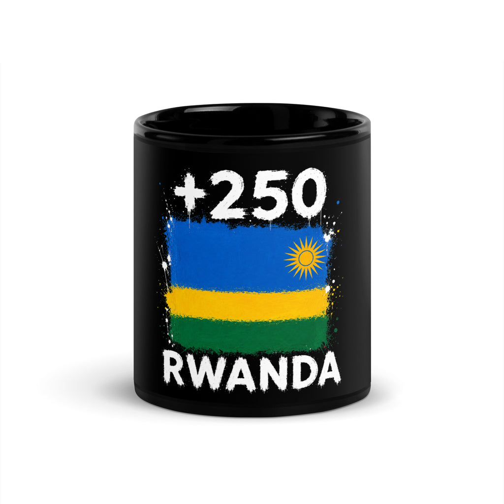 Mug Rwanda +250 noir vue de face, drapeau rwandais et indicatif +250