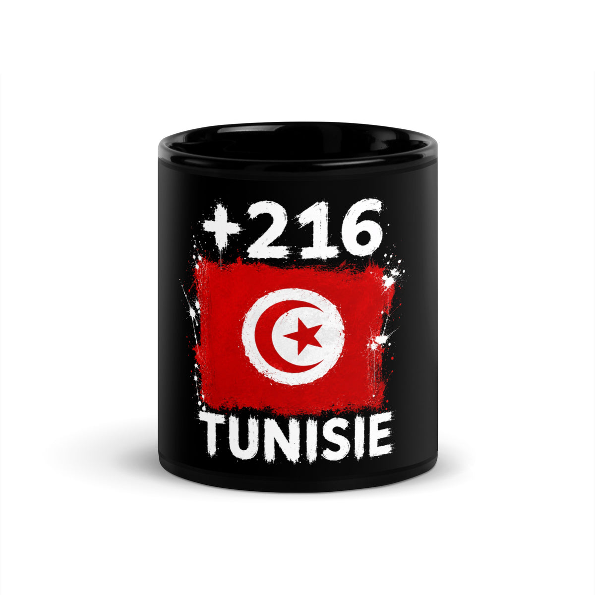 Mug Tunisie +216 noir vue de face, drapeau tunisien et indicatif +216