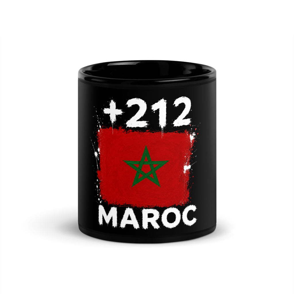 Mug Maroc +212 noir vue de face, drapeau marocain et indicatif +212