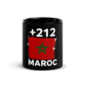 Mug Maroc +212 noir vue de face, drapeau marocain et indicatif +212