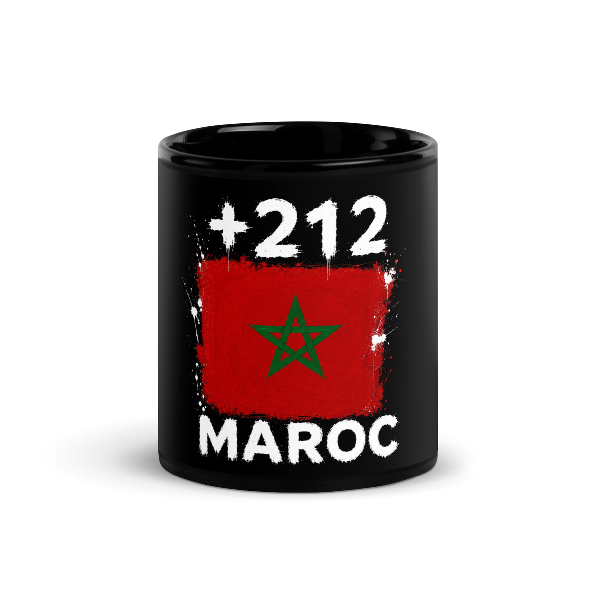 Mug Maroc +212 noir vue de face, drapeau marocain et indicatif +212