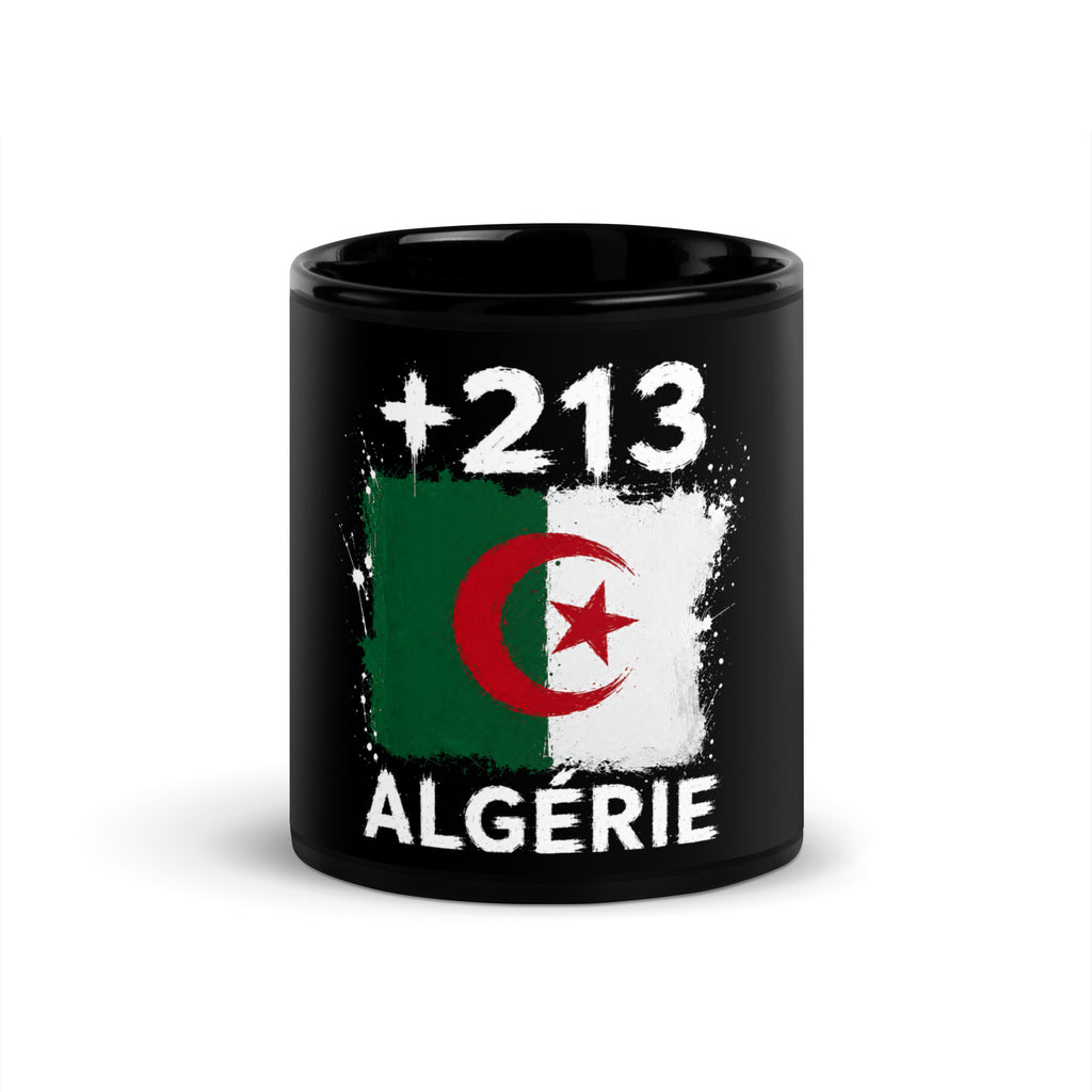 Mug Algérie +213 noir vue de face, drapeau algérien et indicatif +213