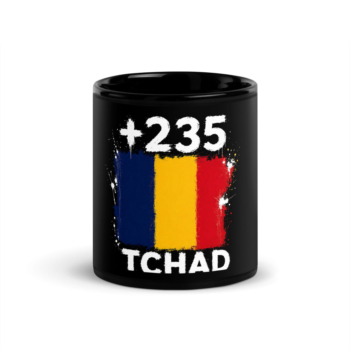 Mug Tchad +235 noir vue de face, drapeau tchadien et indicatif +235