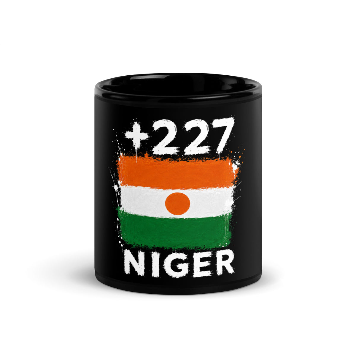 Mug Niger +227 noir vue de face, drapeau nigérien et indicatif +227