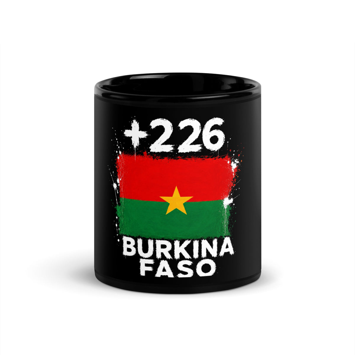 Mug Burkina Faso +226 noir vue de face, drapeau burkinabè et indicatif +226