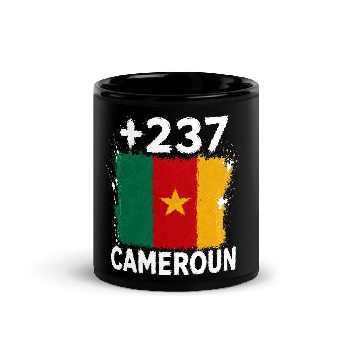 Mug Cameroun +237 noir vue de face, drapeau camerounais et indicatif +237