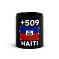 Mug Haïti +509 noir vue de face, drapeau haïtien et indicatif +509