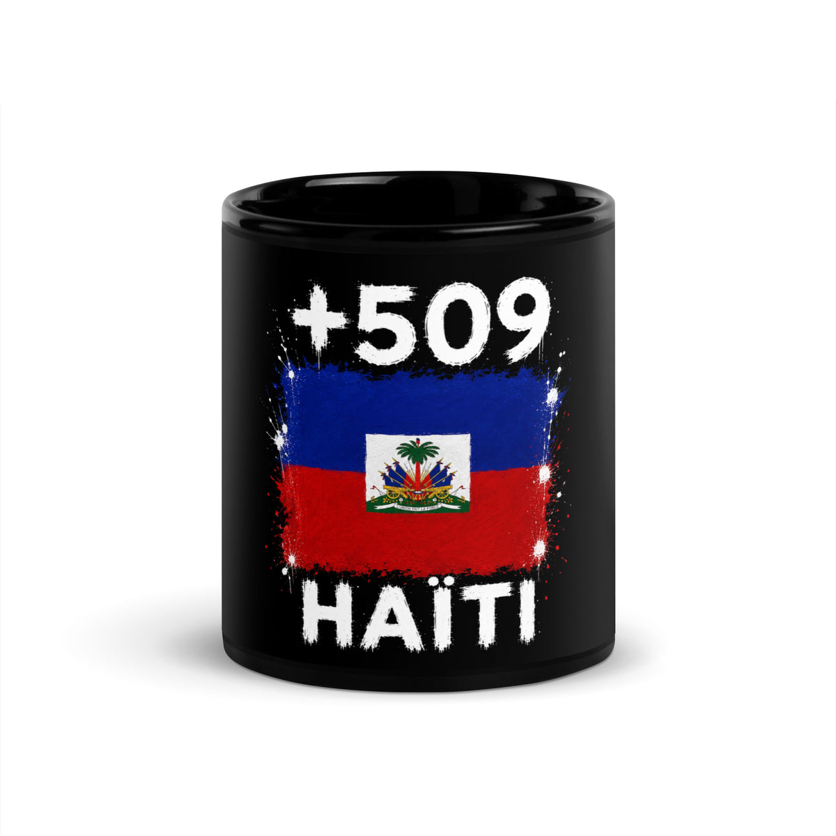 Mug Haïti +509 noir vue de face, drapeau haïtien et indicatif +509
