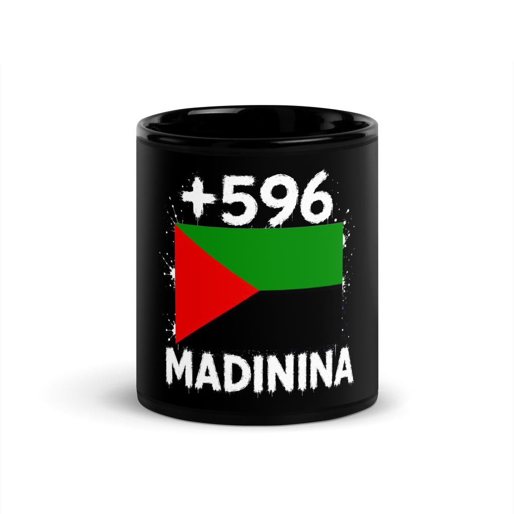Mug Martinique +596 noir vue de face, drapeau martiniquais et indicatif +596