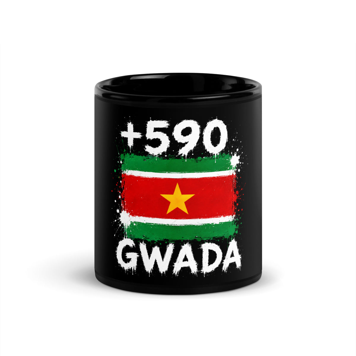 Mug Guadeloupe +590 noir vue de face, drapeau guadeloupéen et indicatif +590