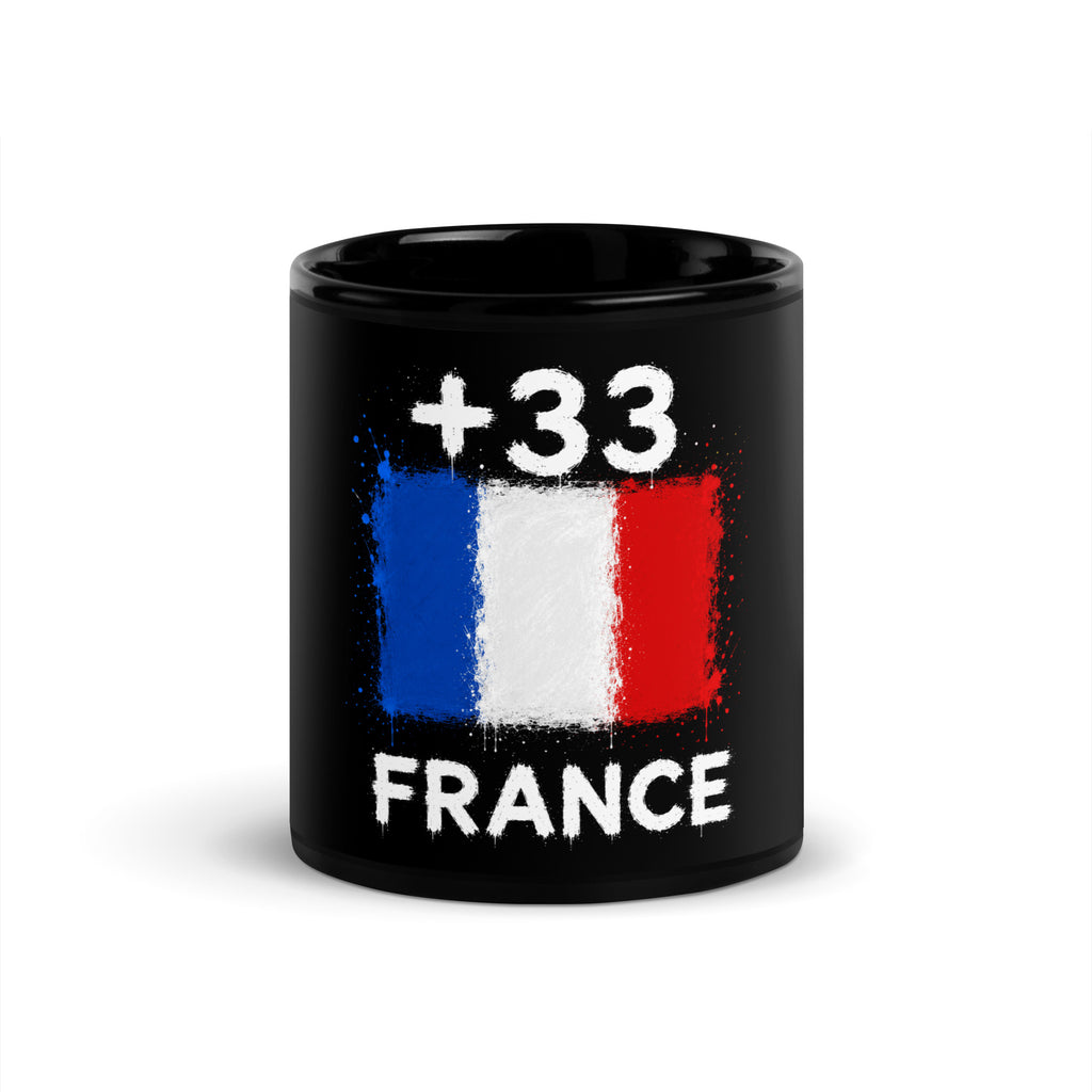 Mug France +33 noir vue de face, drapeau français et indicatif +33