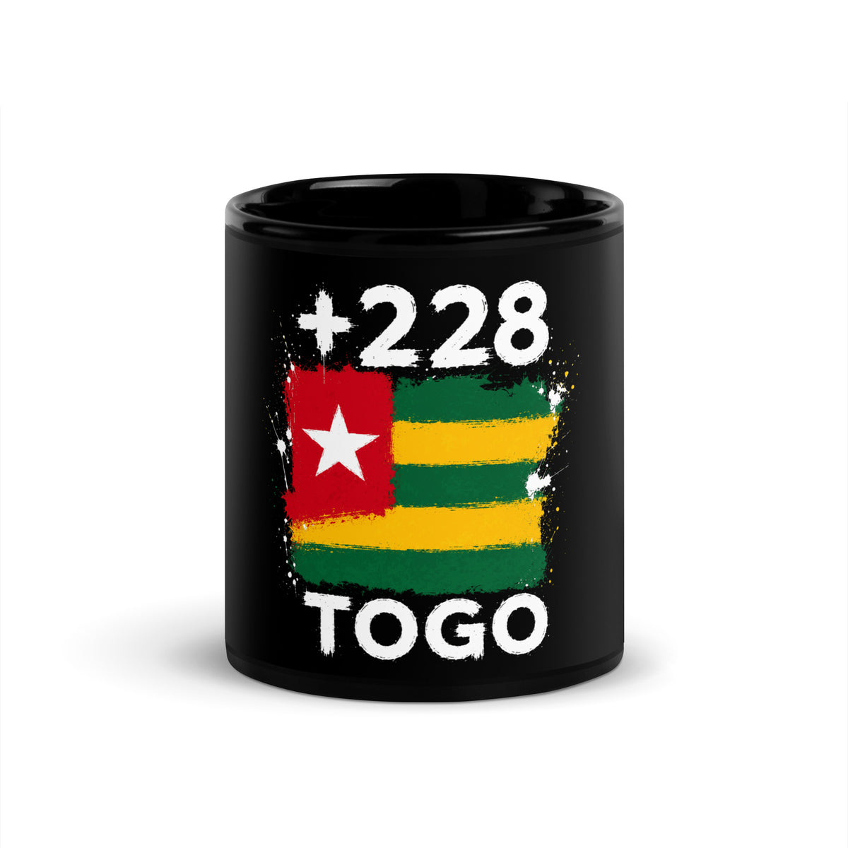 Mug Togo +228 noir vue de face, drapeau togolais et indicatif +228