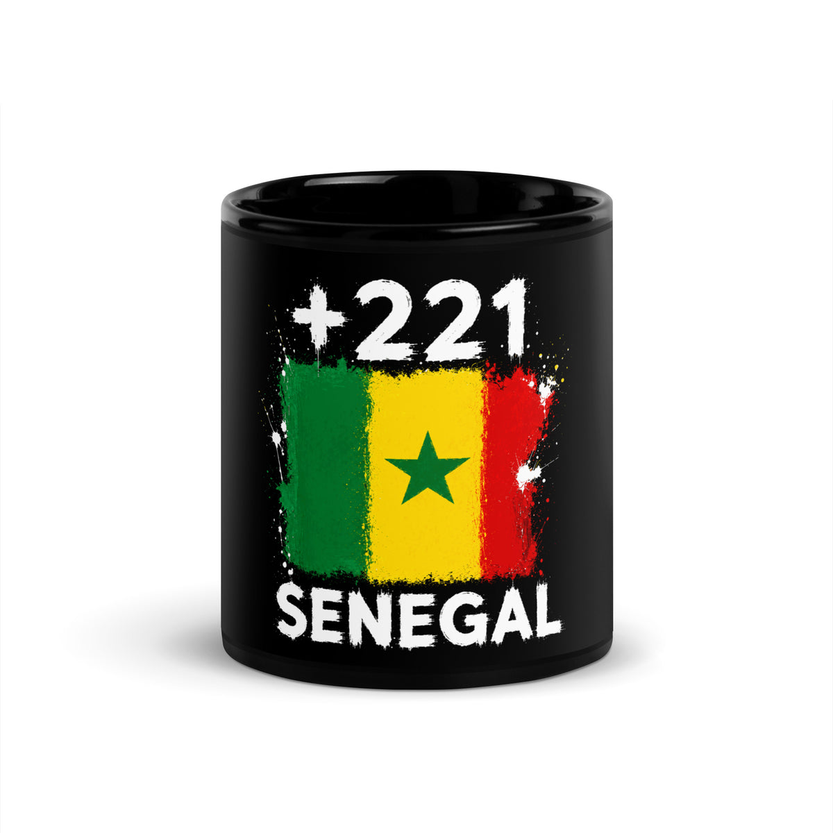 Mug Sénégal +221 noir vue de face, drapeau sénégalais et indicatif +221