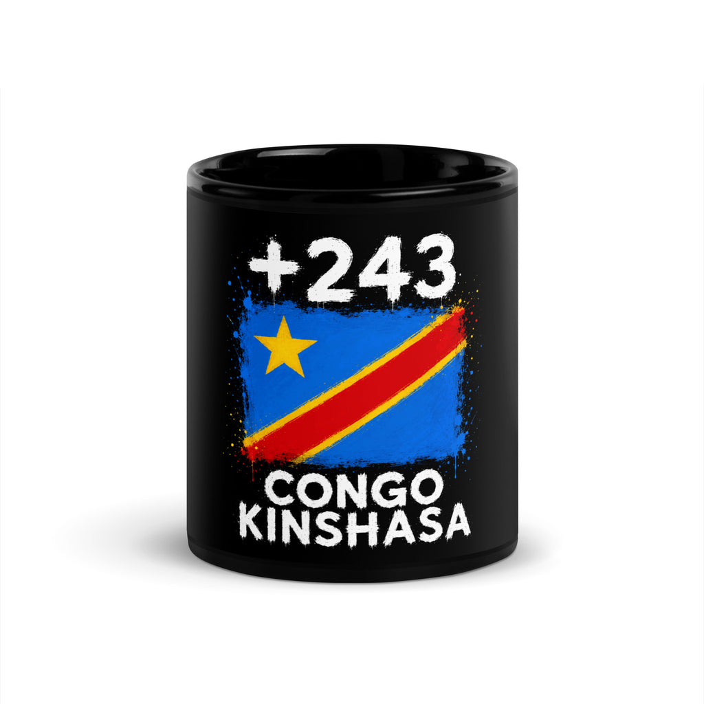 Mug RDC +243 noir vue de face, drapeau congolais (RDC) et indicatif +243