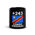 Mug RDC +243 noir vue de face, drapeau congolais (RDC) et indicatif +243