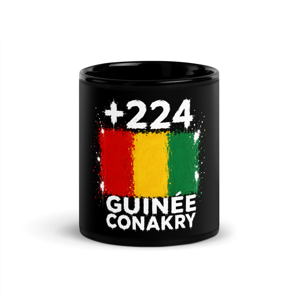 Mug Guinée Conakry +224 noir vue de face, drapeau guinéen