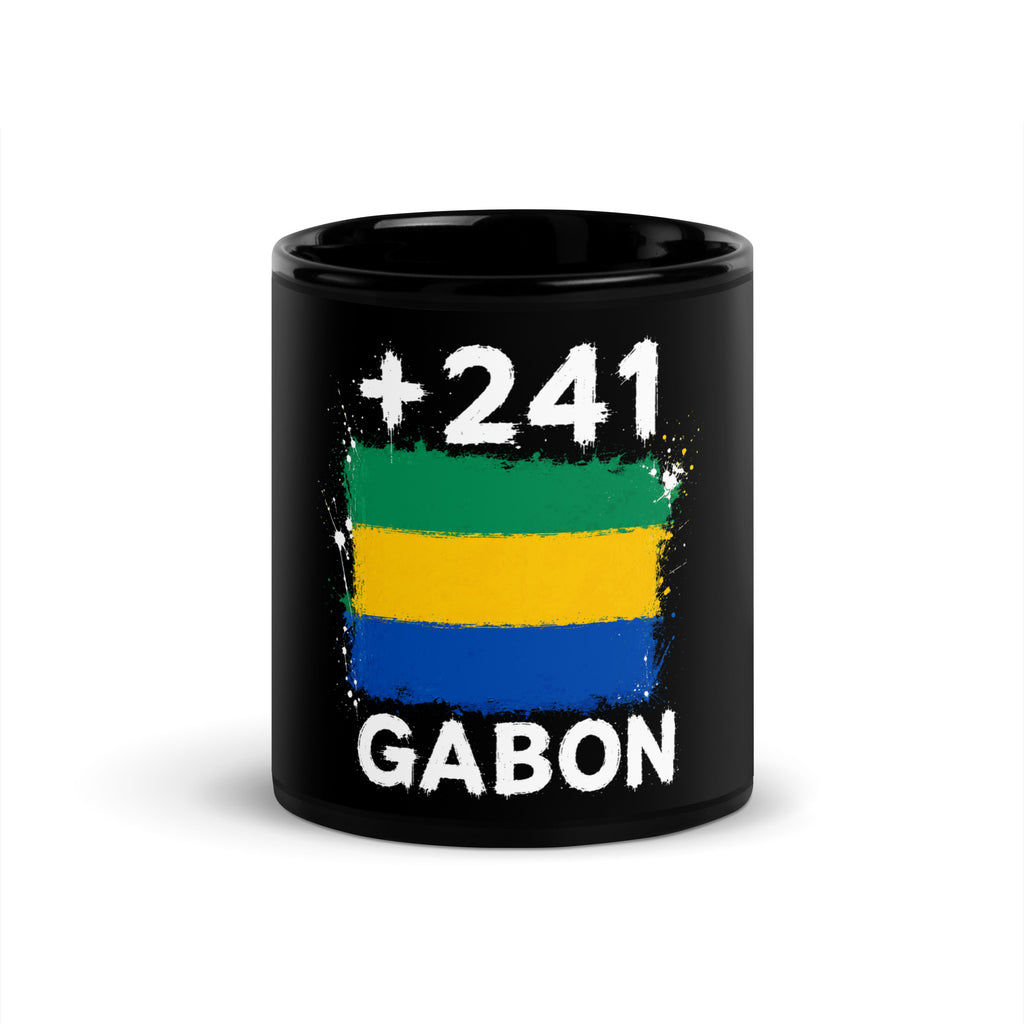Mug Gabon +241 noir vue de face, drapeau gabonais