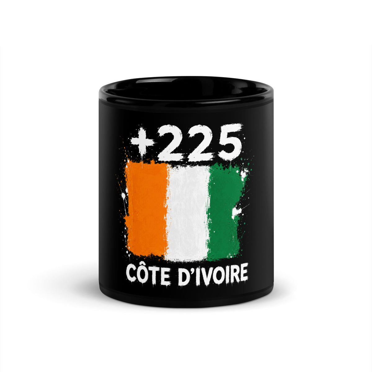 Mug Côte d'Ivoire +225 noir vue de face, drapeau ivoirien