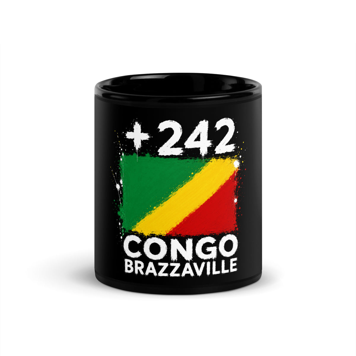 Mug Congo Brazzaville +242 noir vue de face, drapeau congolais